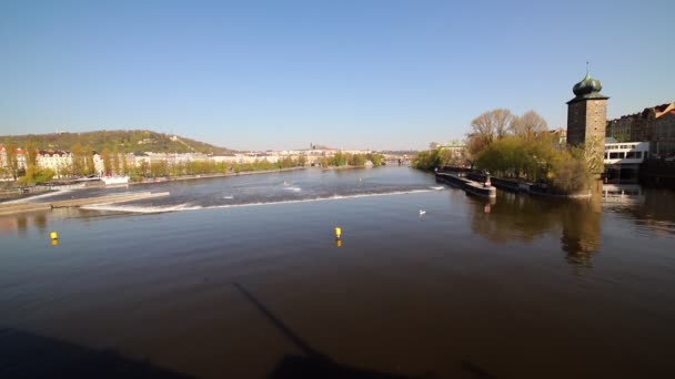 Widok na rzekę między ulicami czeskiego miasta — Wideo stockowe