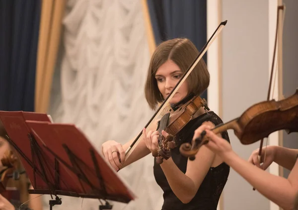 Konserde keman çalan siyah elbiseli genç bir kadın — Stok fotoğraf