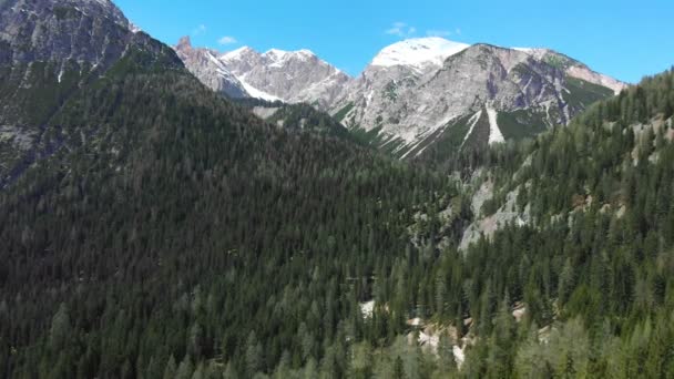 Un hermoso paisaje de montañas con cumbres nevadas y el verde bosque denso - Dolomitas, Italia — Vídeos de Stock