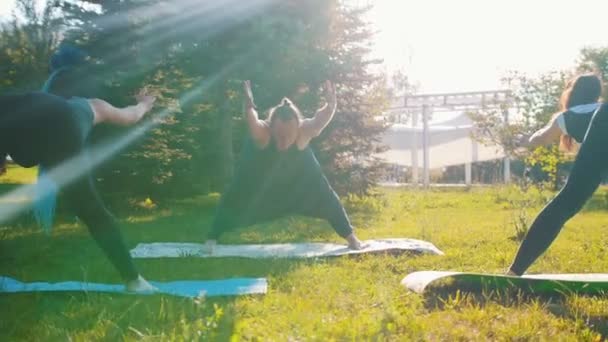 Två unga kvinnor som gör yoga i parken med sin tränare-bockning framåt — Stockvideo