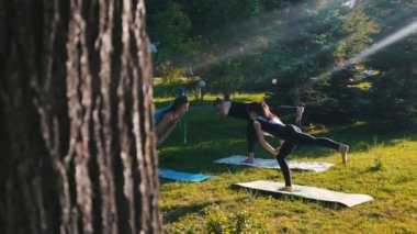 İki genç kadın eğitmenleri ile parkta fitness yapıyor - tek ayak üzerinde duran ve dengeyi korumak
