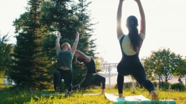 Parlak güneşli bir günde antrenörü ile parkta fitness yapan iki genç kadın - bacaklarüzerinde egzersizler yapıyor - germe