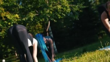 İki genç kadın eğitmenleri ile parkta yoga yapıyor - yere eğilerek - mavi dreadlocks ile bir kadın