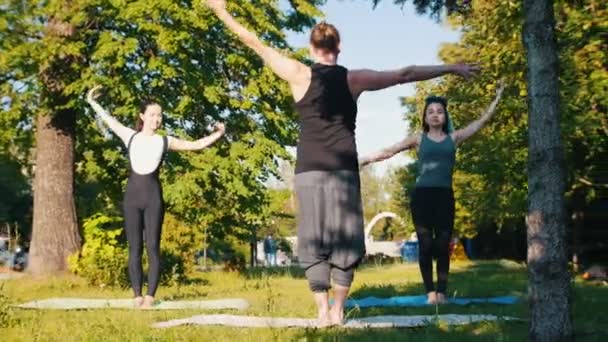 Dos mujeres jóvenes haciendo yoga en el parque con su entrenador levantar las manos y fijarlo en la espalda — Vídeos de Stock