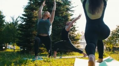 Parlak güneşli bir günde antrenörü ile parkta fitness yapan iki genç kadın - bacaklarüzerinde egzersiz ler yapıyor ve ellerini kaldırın