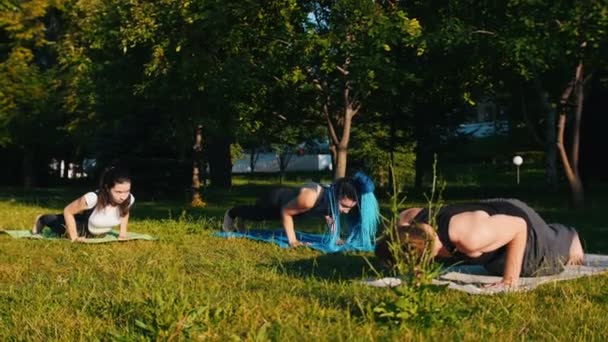 Две молодые женщины занимаются фитнесом в парке со своим тренером в яркий солнечный день - лежат на ковриках на животе и делают упражнения на позвоночнике — стоковое видео