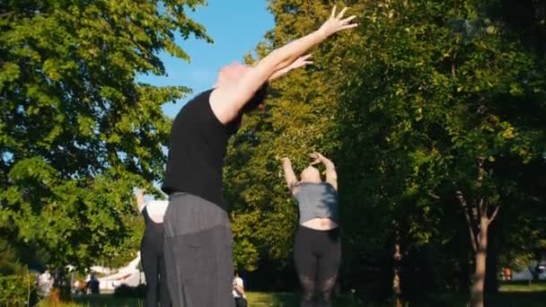 Dwie młode kobiety robią fitness w parku z trenerem w jasnym, słonecznym dniu-wykonując ćwiczenia na kręgosłupie-podnosząc ręce do góry i zginając — Wideo stockowe