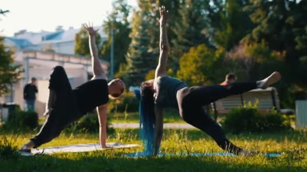 Parkta bir adam ile yoga egzersizleri yapıyor iki genç çekici kadın bir groop - Bir kadın uzun mavi dreadlocks var — Stok video