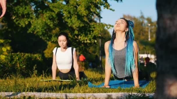 Två unga kvinnor gör yoga övningar med tränare i parken-en kvinna har långa blå dreadlocks — Stockvideo