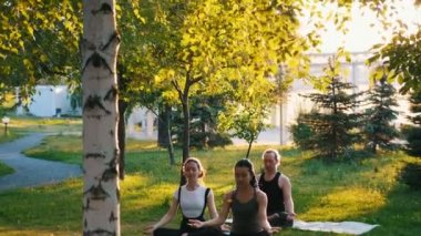 Güneş ışığında parkta koç ile yoga egzersizleri yapan iki genç kadın - Bir kadın uzun mavi dreadlocks var
