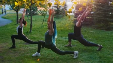 Güneş ışınları parkta eğitmen ile yoga asanas yapıyor iki genç kadın - Bir kadın uzun mavi dreadlocks var