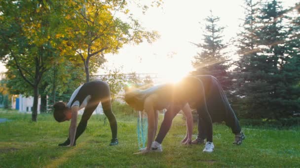 Två unga kvinnor gör yoga asanas med tränare i parken i solskenet-en kvinna har långa blå dreadlocks — Stockvideo