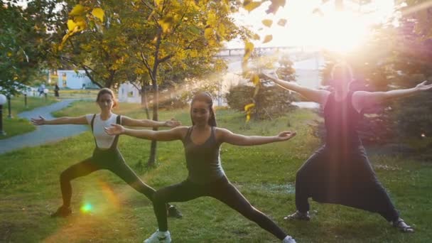 Dos mujeres jóvenes haciendo asanas de yoga con entrenador en el parque en los rayos del sol - Una mujer tiene rastas azules largas — Vídeos de Stock