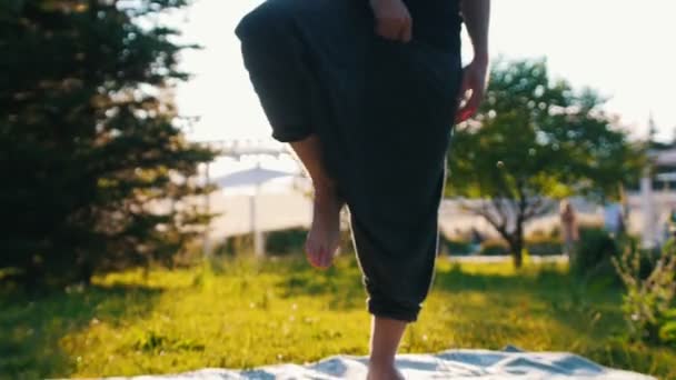 Un homme faisant du yoga asana et souriant dans le parc entouré d'arbres verts lumineux au soleil — Video