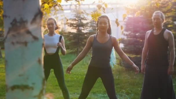 Dwie młode kobiety robią ćwiczenia jogi z trenerem w parku w słońcu-jedna kobieta ma długie niebieskie dredy — Wideo stockowe