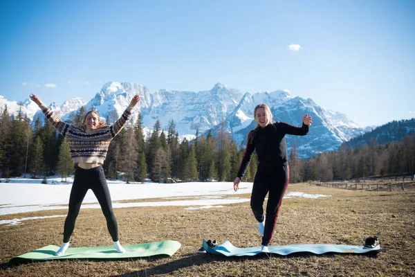 Dolomites - Deux jeunes femmes drôles faisant du fitness sur des tapis de yoga sur un fond de forêt — Photo