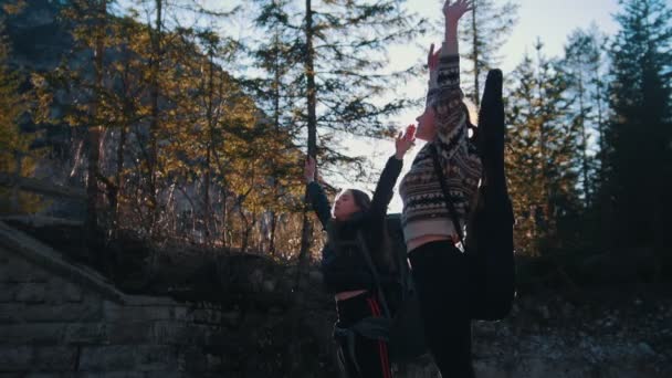 Duas jovens viajantes de pé e puxando as mãos para cima montanhas de Dolomitas — Vídeo de Stock