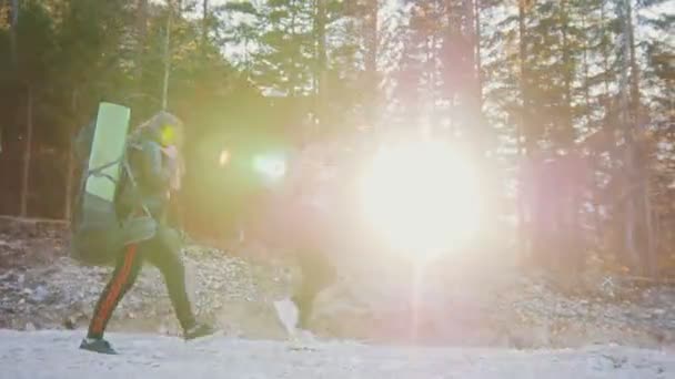 Duas jovens caminhando ao longo da estrada rochosa com as mochilas e guitarra no fundo da floresta — Vídeo de Stock