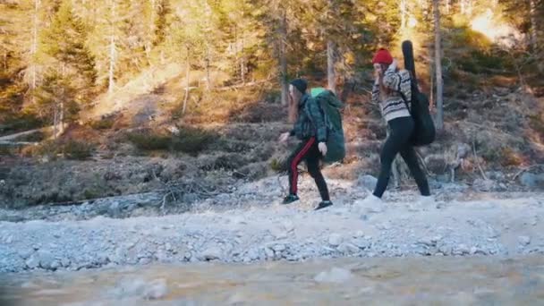 Duas jovens caminhando ao longo do caminho rochoso com as mochilas e guitarra no fundo da floresta e da montanha — Vídeo de Stock