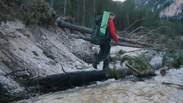 A young man crossing the rocky river on the log with the backpack on the background of the forest and mountain — Stock Video