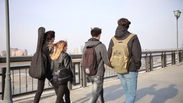 Νεαροί φίλοι περπατούν στην προκυμαία — Αρχείο Βίντεο