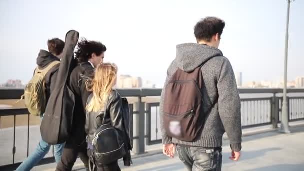 Jóvenes amigos caminando por el muelle y hablando — Vídeo de stock