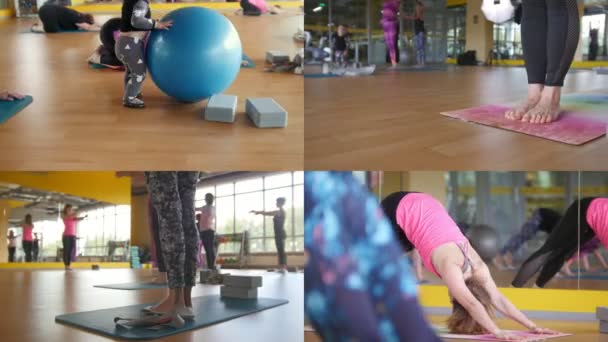 4 en 1: Una clase de yoga en grupo en el luminoso estudio — Vídeos de Stock