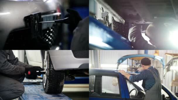4 in 1: werkproces-werknemers in een auto reparatie winkel — Stockvideo