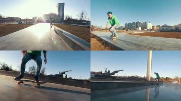 4 в 1: Молодые скейтбордисты катаются в парке — стоковое видео