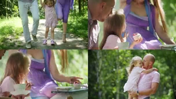 4 v 1: šťastná rodina otce, matky a dcery procházky po pěšině v zeleném lese — Stock video