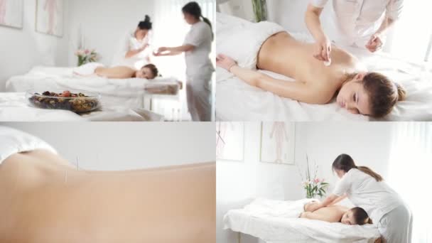 4 in 1: massagesalon vrouw krijgt acupunctuur en massage — Stockvideo