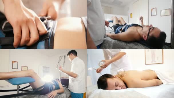 El médico lleva a cabo el procedimiento, estirando la espalda, quiropráctica, medicina tibetana asiática — Vídeo de stock