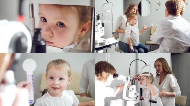 4 in 1: oftalmologia infantile - il medico controlla la vista per la bambina . — Video Stock