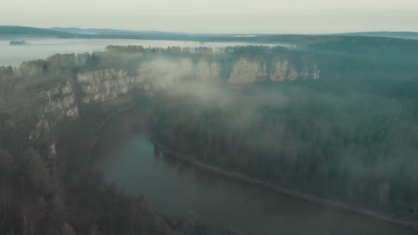 Eine schöne neblige Landschaft mit Fluss und Wald auf den Bergen — Stockvideo