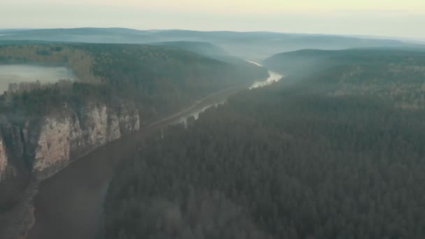 En vacker dimmigt landskap av floden och granskog på bergen — Stockvideo