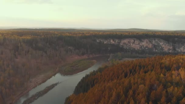 Вид на утренний пейзаж оранжевого леса и реки — стоковое видео