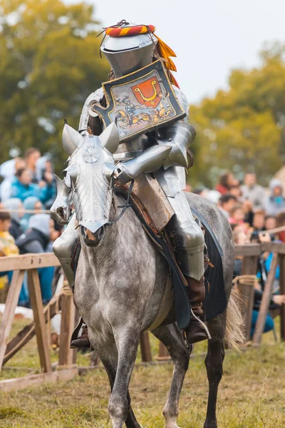 BULGAR, RUSSIA 11-08-2019: Knight riding a grey horse on the field holding a shield — Stock Photo, Image