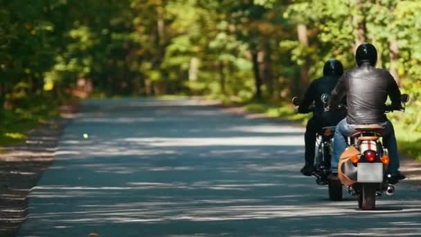 Два взрослых мужчины мотоциклисты верхом на мотоциклах в лесу в яркий солнечный день — стоковое видео