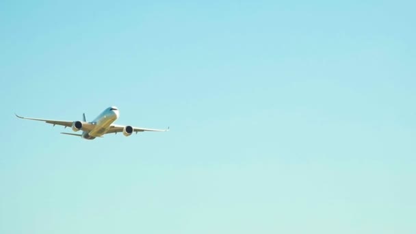 Großes Passagierflugzeug fliegt in den blauen Himmel — Stockvideo