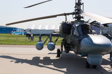 29 Ağustos 2019 Moskova, Rusya: Askeri uçakların açık hava sergisi - Bir helikopter Mi-26 Nm