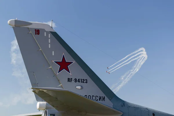 30 sierpnia 2019 Moskwa, Rosja: Rosyjskie lotnictwo-ogon samolotu-RF-94123 Tupolew Tu-95 niedźwiedź — Zdjęcie stockowe