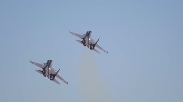 Dos aviones de combate militares negros volando en el cielo — Vídeos de Stock