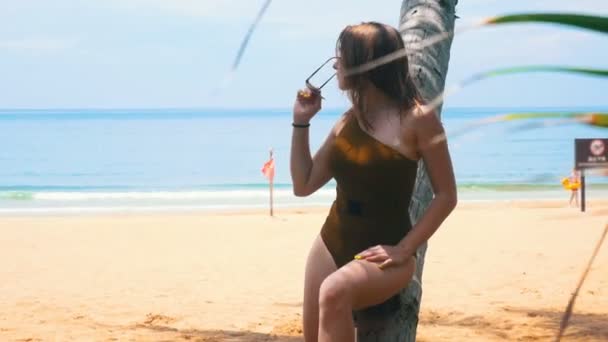 Uma jovem mulher com óculos de sol apoiados na árvore tropical na praia e olhando em volta — Vídeo de Stock