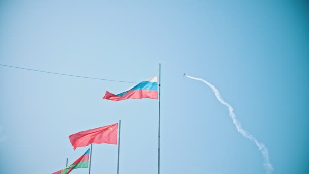 Drapeaux des pays du monde soufflant dans le vent - un avion effectuant un spectacle en arrière-plan — Video