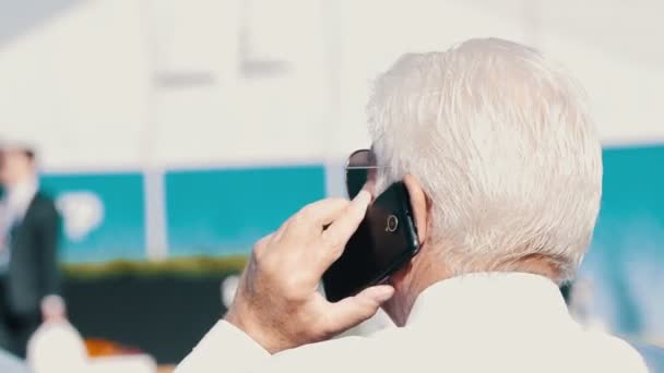 Retrato del viejo hombre de negocios hablando por teléfono — Vídeos de Stock