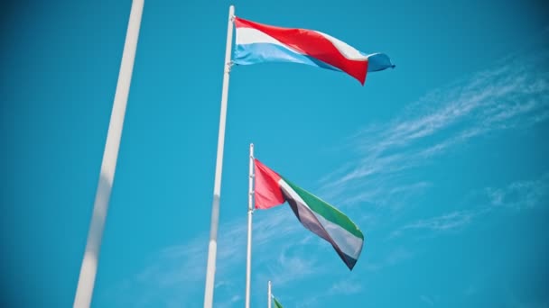 Banderas de los países del mundo que soplan en el viento sobre un fondo del cielo azul brillante — Vídeo de stock