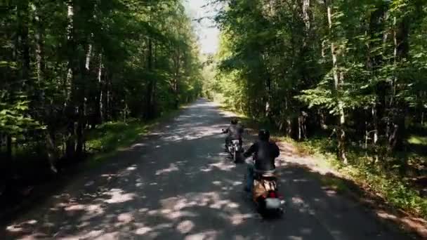 Двоє жорстоких чоловіків мотоциклістів катаються на мотоциклах у лісі яскравий сонячний день — стокове відео