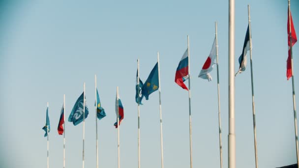 29 AGOSTO 2019 MOSCÚ, RUSIA: Banderas de los países del mundo que soplan en el viento en el fondo del cielo azul claro — Vídeo de stock