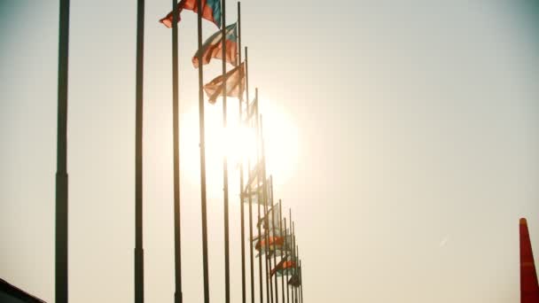 Bandeiras dos países do mundo soprando ao vento no fundo do pôr-do-sol no céu limpo — Vídeo de Stock