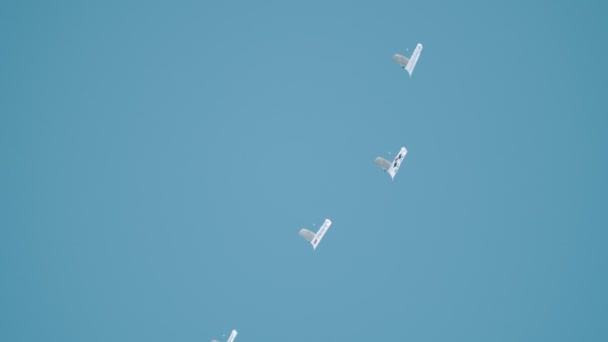 30 augusztus 2019 Moszkva, Oroszország: férfiak sorrendben repül le az égen nyitott ejtőernyős és zászlókkal a logó a légijármű-gyártó cégek — Stock videók